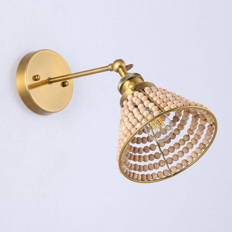 1-Light Modern Golden Wall Scone Light with Wooden Beads
