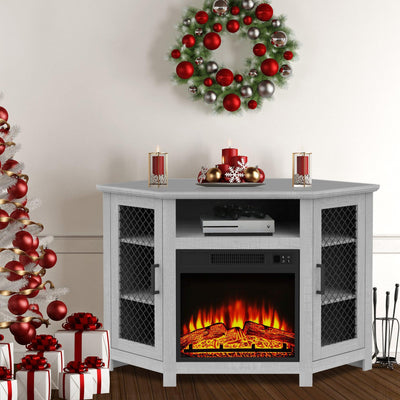 Parrot Uncle Furniture 45" Corner Electric Fireplace TV Stands Console Table with 2 Metal Mesh Doors