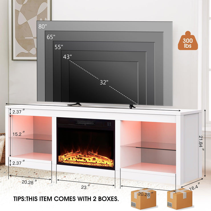 Modern 66" LED TV Stand with 23" Electric Fireplace for Living Room