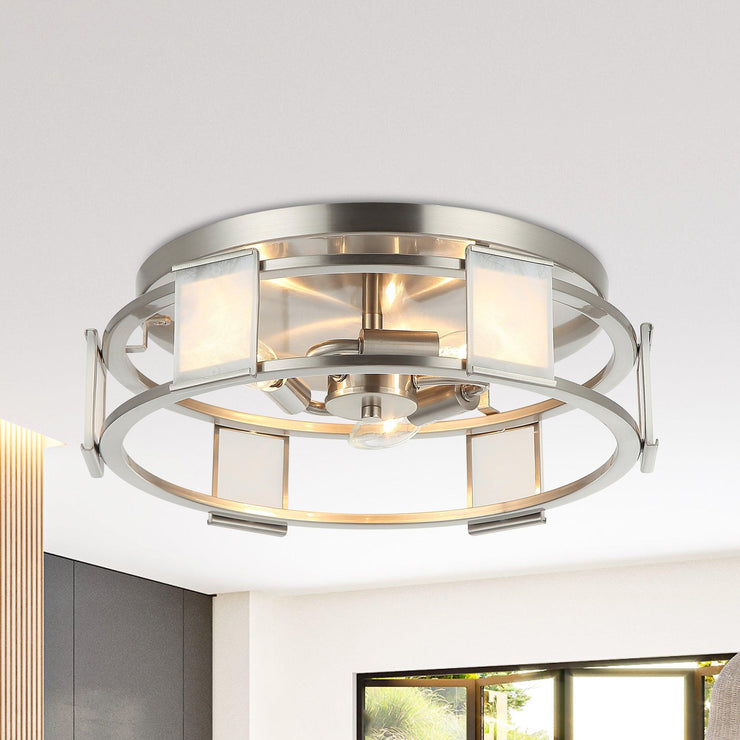 Industrial 15 Inch Satin Nickel 3-Light Flush Mount Ceiling Light